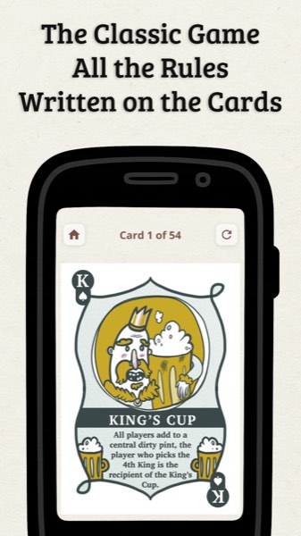 Ring of Fire Cards app showing the King's Cup card with illustrated rules