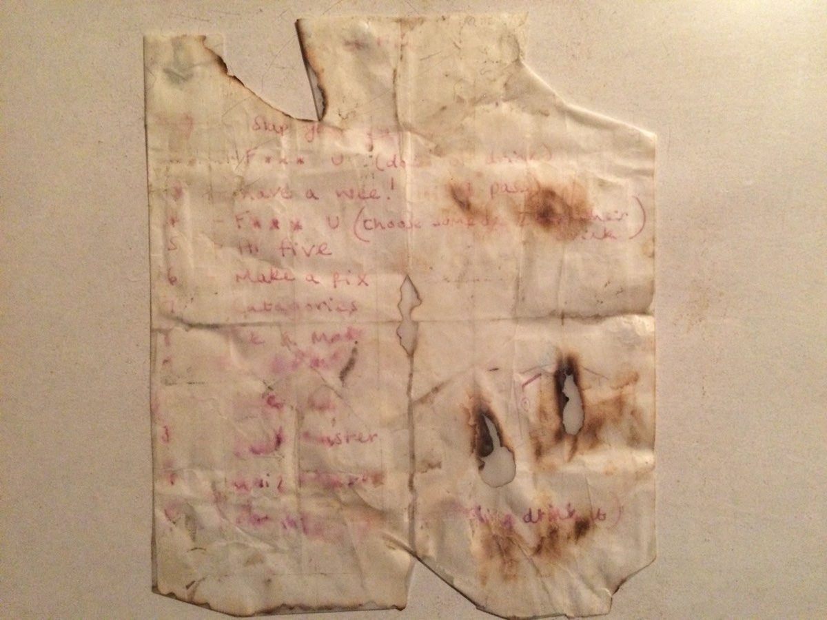 The original hand-written Ring of Fire rules, burned and stained